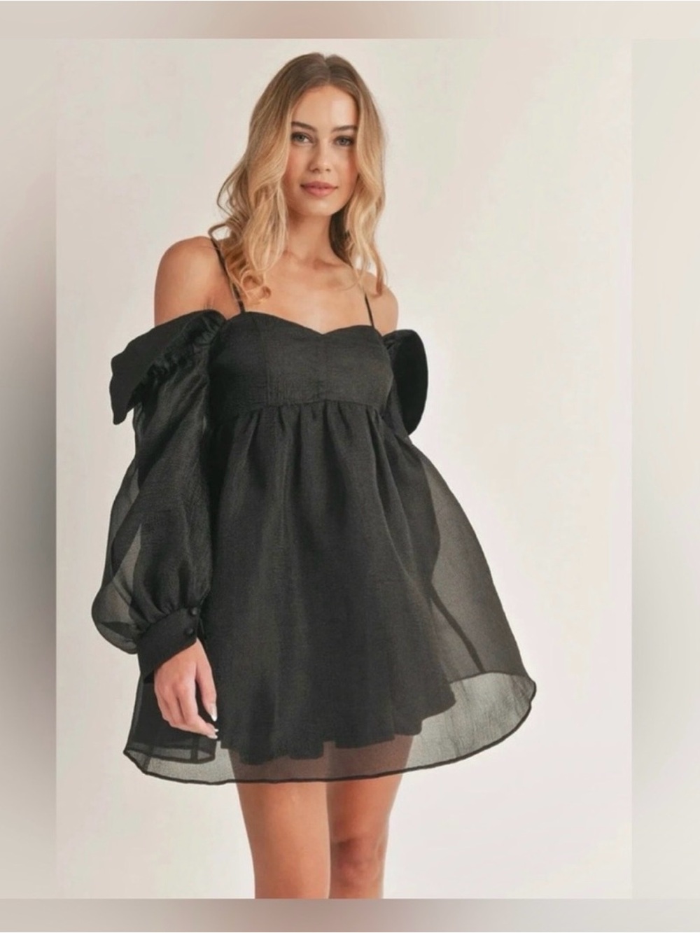 Black Off-Shoulder Puff Sleeve Mini Dress